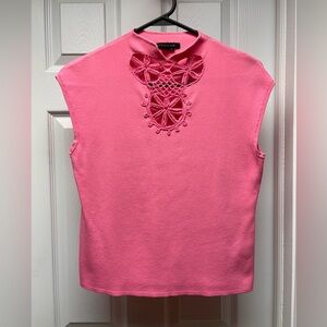 Attitude Women’s Pink Crochet Cutout Knit Top – Size L (Fits Like M)